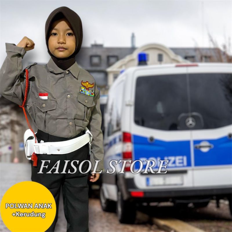Baju polisi anak cewek paud, tk, sd lengan panjang kerudung/baju polwan anak paud, tk, sd hijab leng
