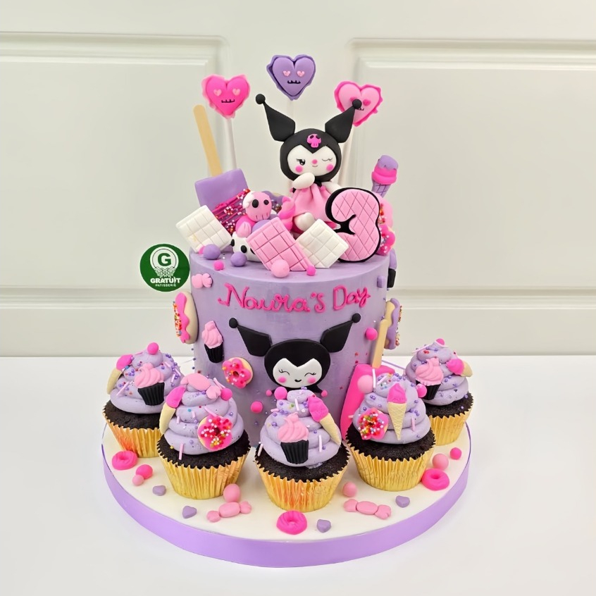 

CAKE TEMA KUROMI + 5 CUPCAKE / CAKE ULANG TAHUN UK 15CM + DUMMY 5CM