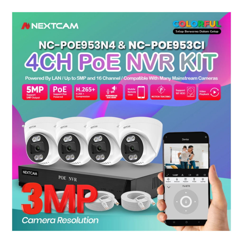 Nextcam paket kamera cctv poe 4 camera indoor+ nvr 4channel 5mp Komplit kabel lan cctv colok langsun