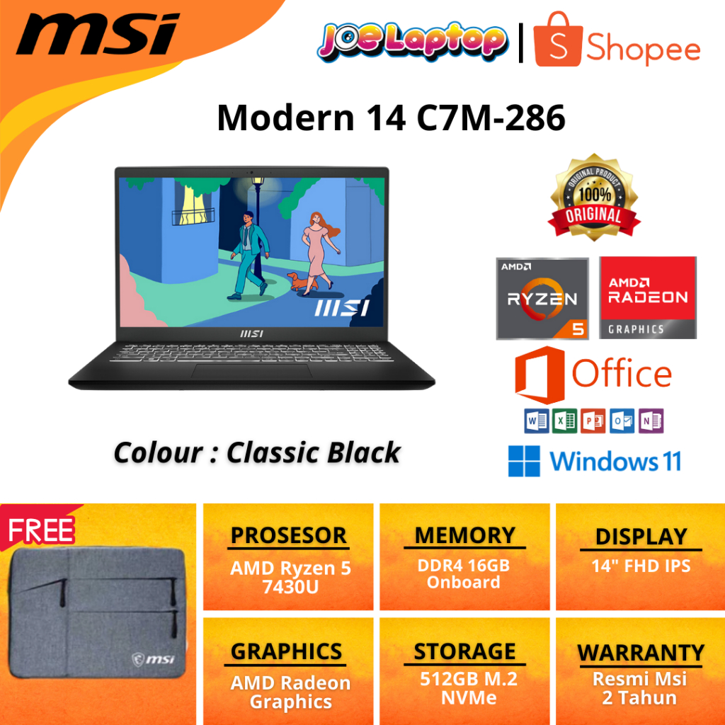 MSI Modern 14 C7M-286 Classic Black Ryzen 5 7430U Win11 OHS