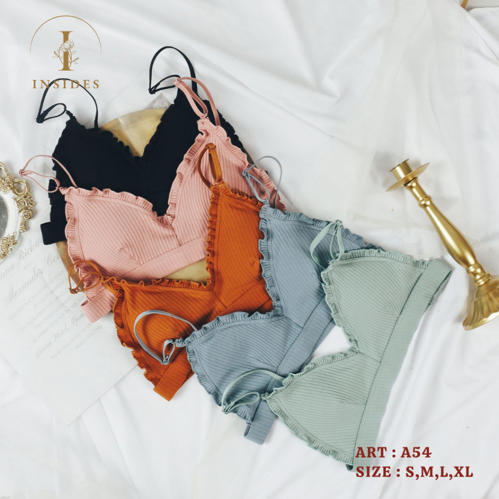 (3PCS) Bra Bikini Fashion Import BH Wanita Cup Motif Renda Ruffle Tali Kecil Tanpa Kait A54