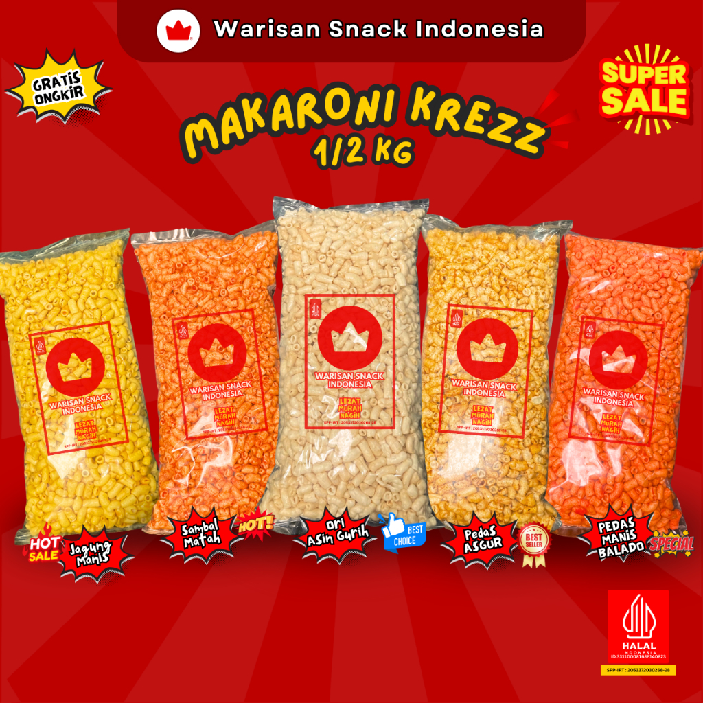 

(1/2 Ball) KERUPUK MAKARONI BANTAT WARISAN SNACK INDONESIA (500gr), Makanan Ringan Krupuk Cemilan Murah halal pedas daun jeruk