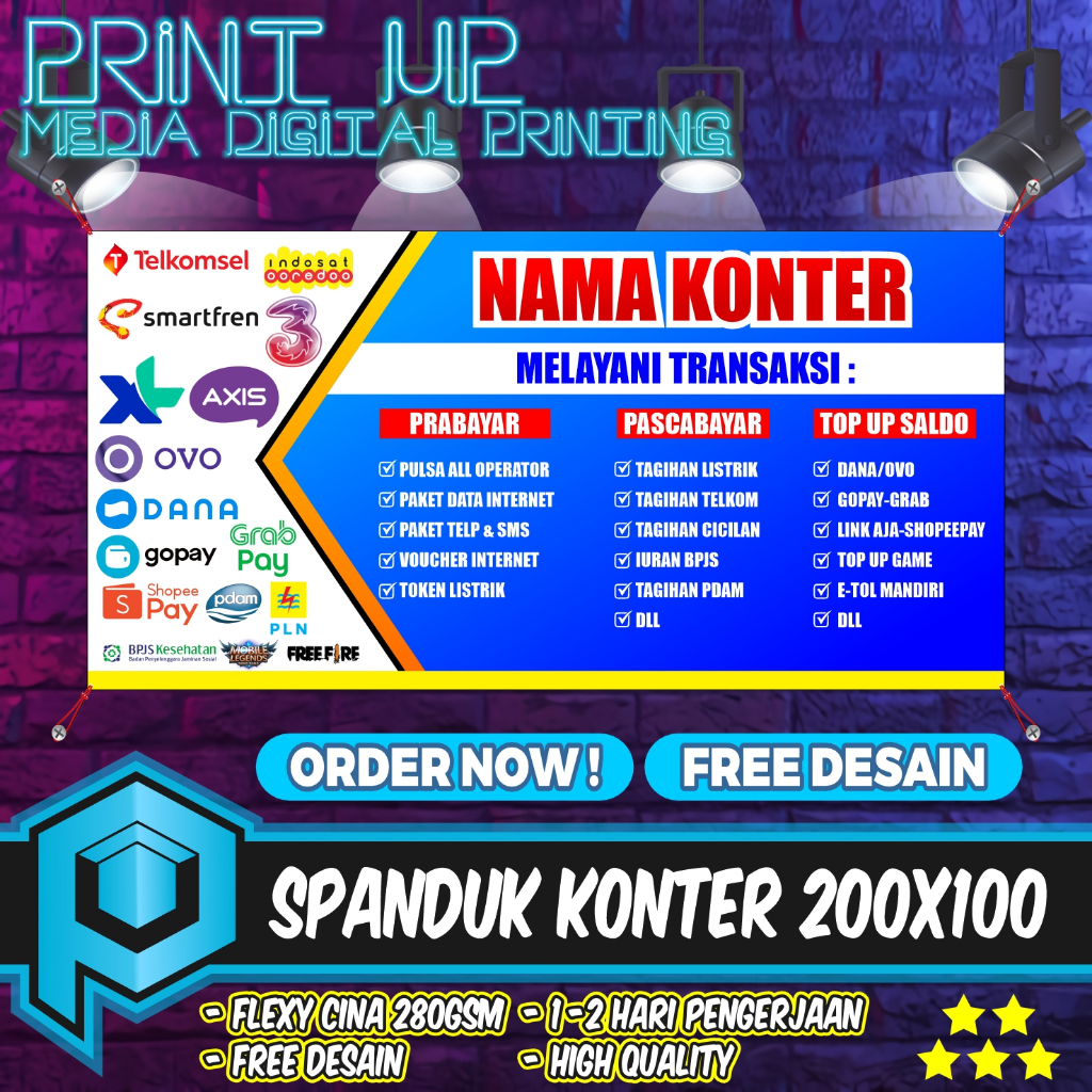 SPANDUK BANNER KONTER UKURAN 200X100 CUSTOM NAMA