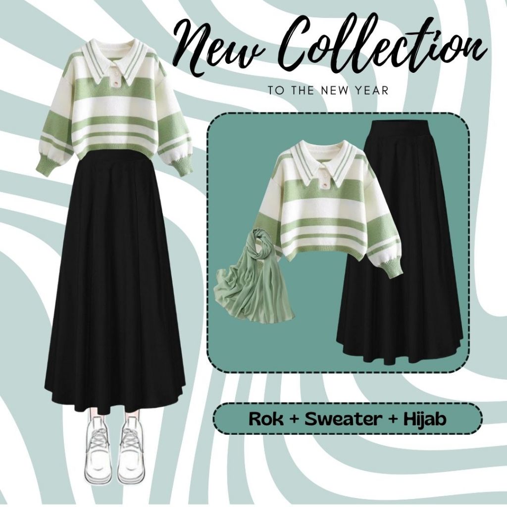 Set Korean Style 3in1 (Rok + sweater + Hijab) OOTD rok dan Rajut Stripe Premium ( HI-0018)