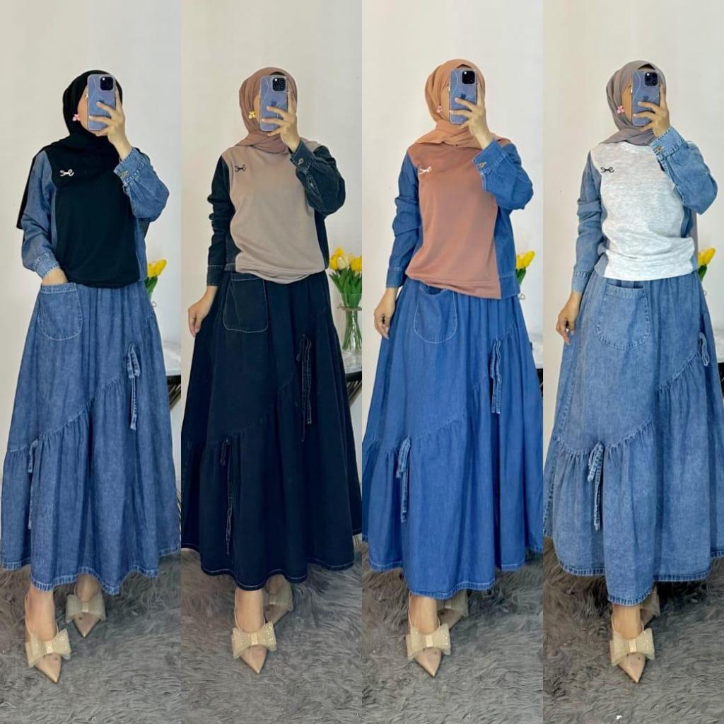 PITTA SET ROK BAHAN JEANS PREMIUM KOMBINASI KAOS / ATASAN&ROK SET