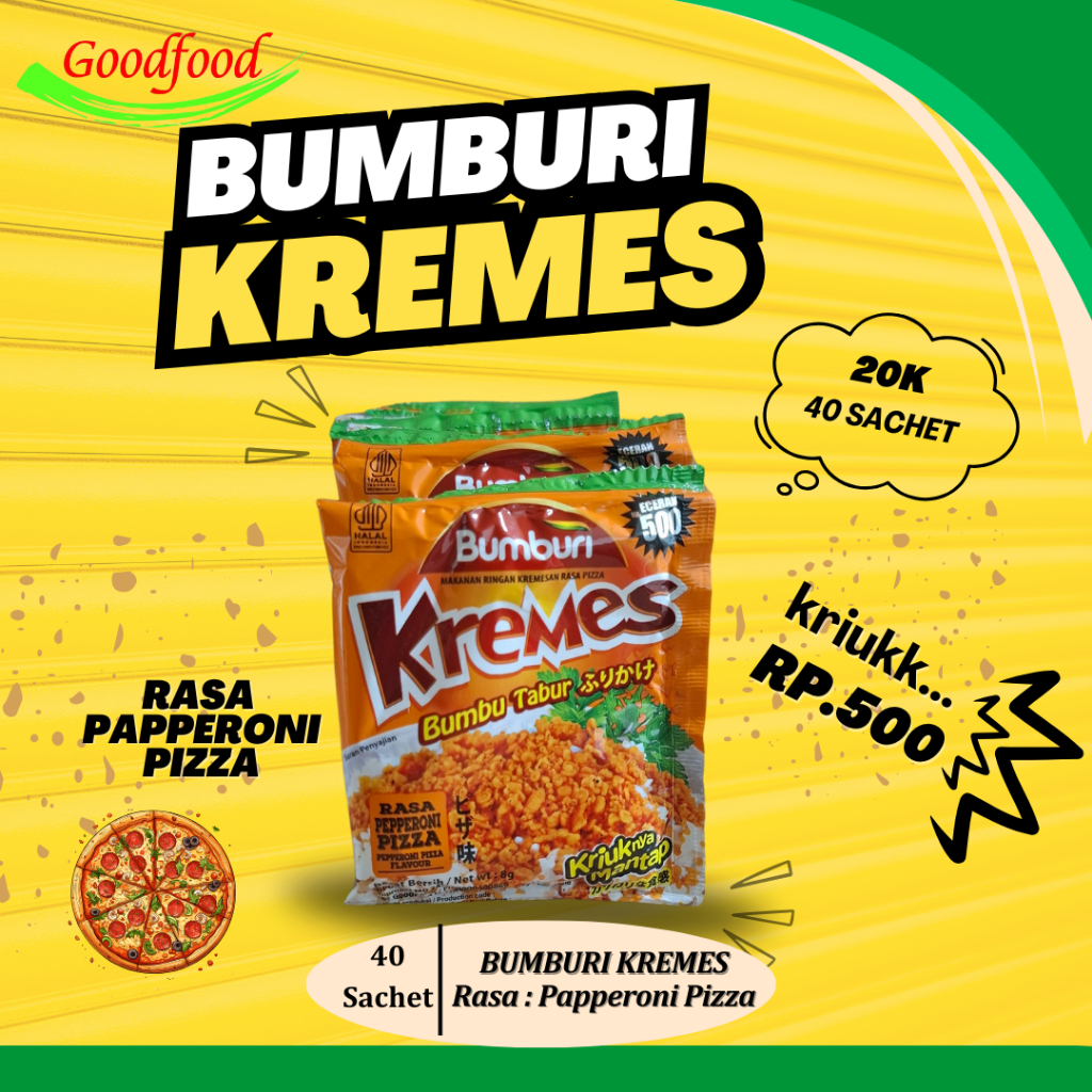 

Bumburi Kremes Papperoni Pizza Kremesan 40sachet 20rb