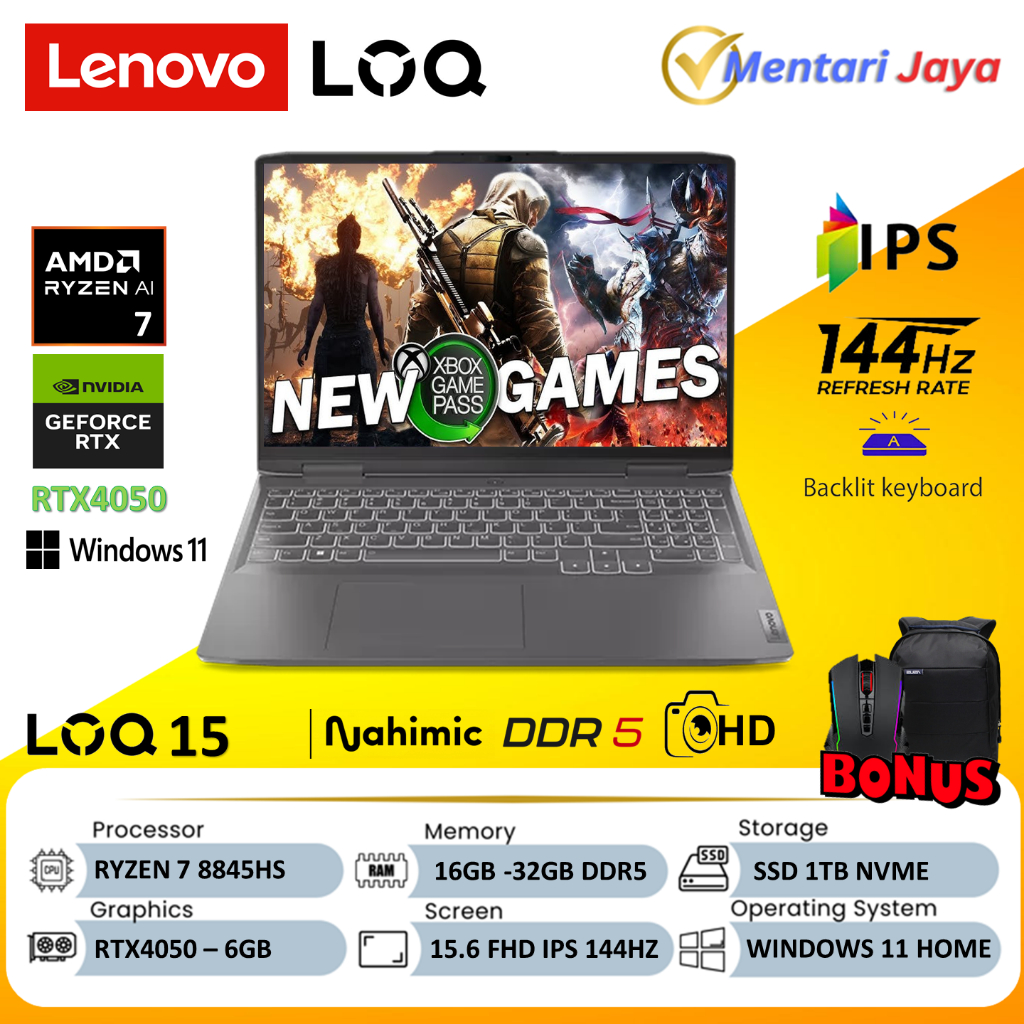 LENOVO LOQ 15 Ryzen 7 8845HS RAM 32GB 1TB SSD RTX 4050 FHD IPS 144HZ WIN11 Home