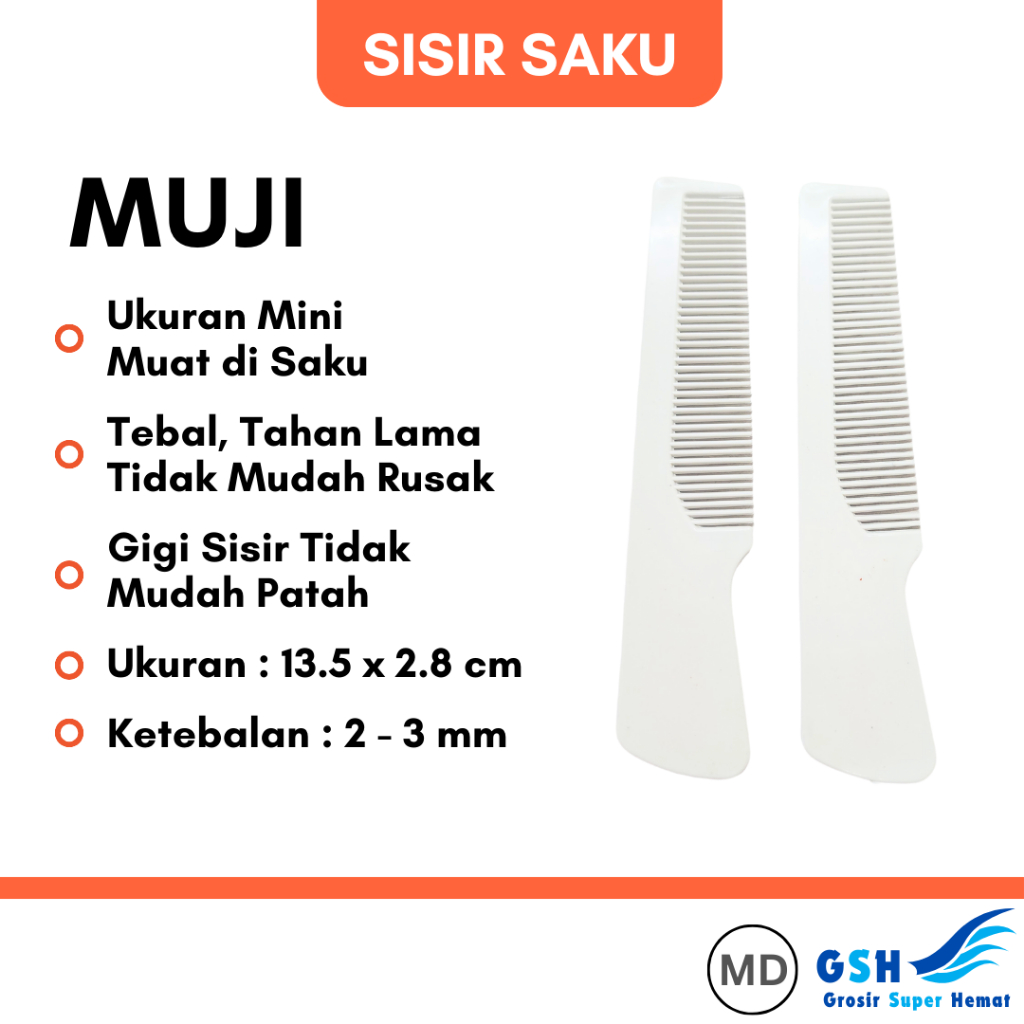 GSH - Sisir Saku Gagang Muji (Isi : 1 LUSIN) Warna Putih Sisir Rambut Pria Ukuran Kecil Souvenir Per