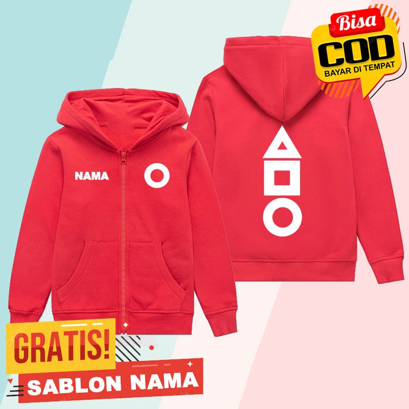 Jaket Hoodie Zipper Squid Game 2 | Jaket Anak Hoodie Team Merah Custom Nama