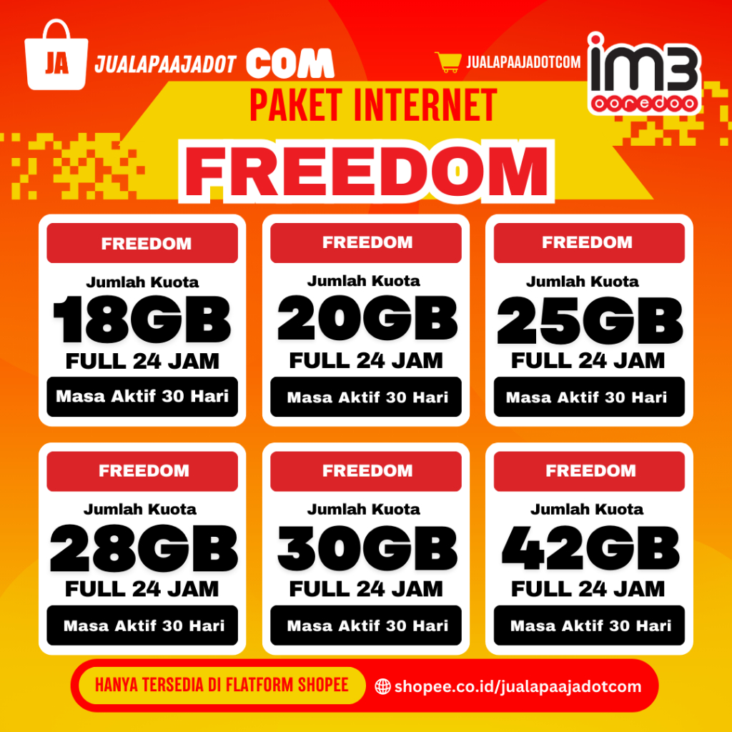 [PROMO] PAKET DATA INTERNET FREEDOM 24 jam [18GB - 100 GB] | Proses cepat 10 menit