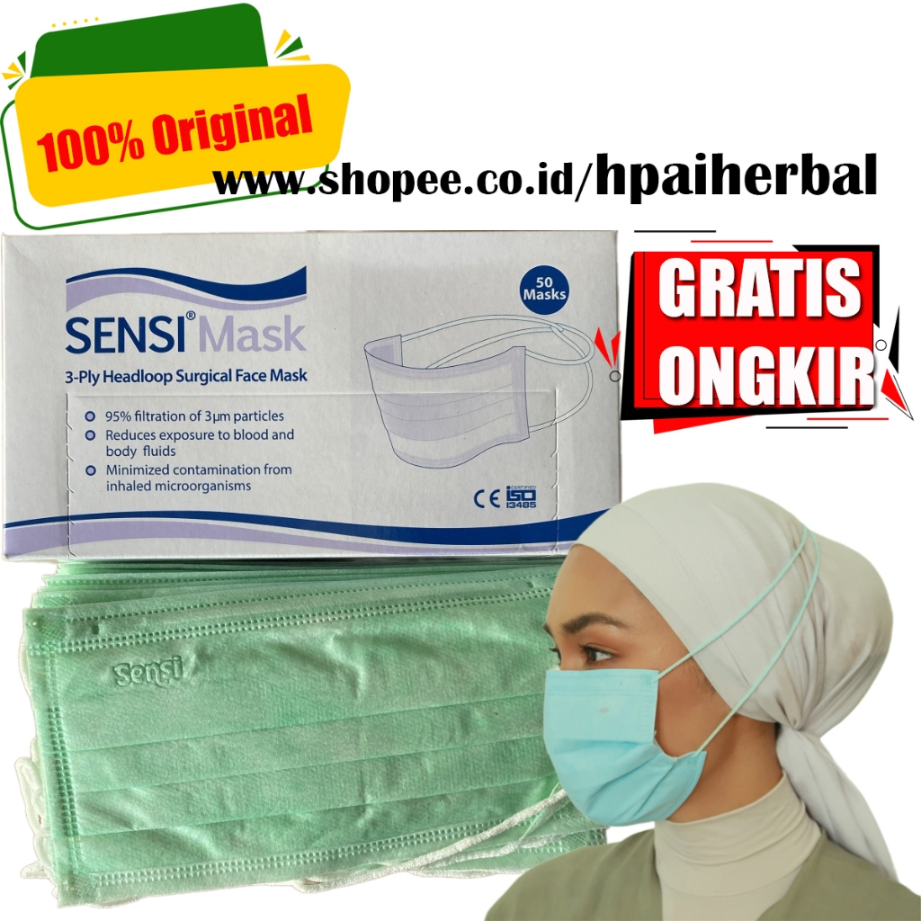 MASKER SENSI HIJAB HEADLOOP 3 PLY  1 BOX ISI 50 PCS / MASKER MEDIS SENSI HIJAB ISI 50 PCS