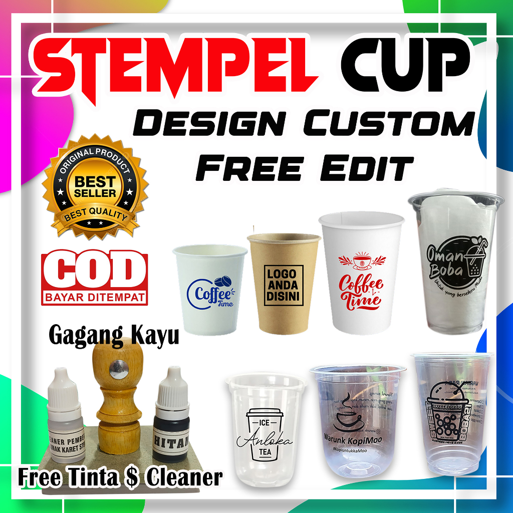 Stempel Flash Plastik / Stempel Cup / Stempel Permanen Gagang Kayu Tinta Permanen Waterproof