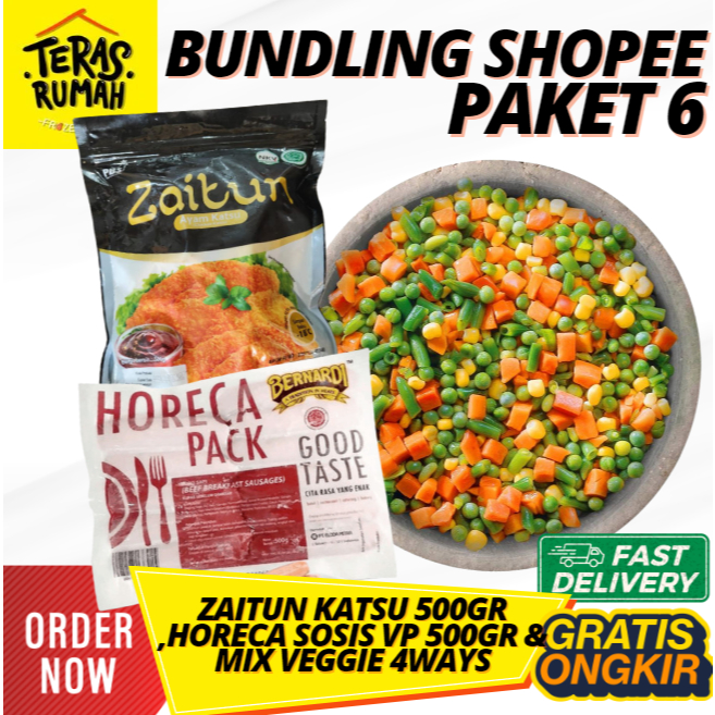 

PAKET SHOPEE 6 : MIX VEGETABLES SAYURAN MIX, BERNARDI HORECA SOSIS, ZAITUN AYAM KATSU