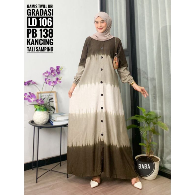 Gamis Twill Ori Motif Gradasi / Gamis Twill Premium / Gamis Twill Kekinian / Dress Wanita Friendly B