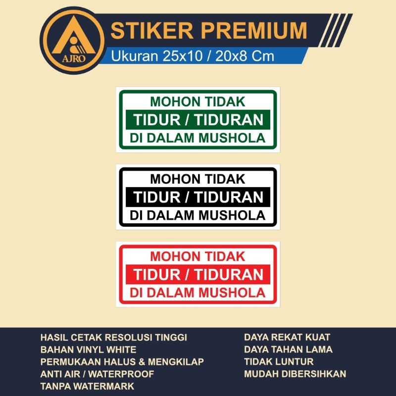 

Ajro Stiker Sign MOHON TIDAK TIDUR/TIDURAN DI DALAM MUSHOLA Ukuran 25x10 Cm/20x8 Cm