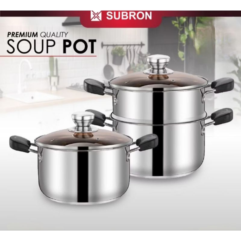 Panci Kuah Sup Tutup Kaca Subron Stainless Steel Tebal/Panci Kuping Subron