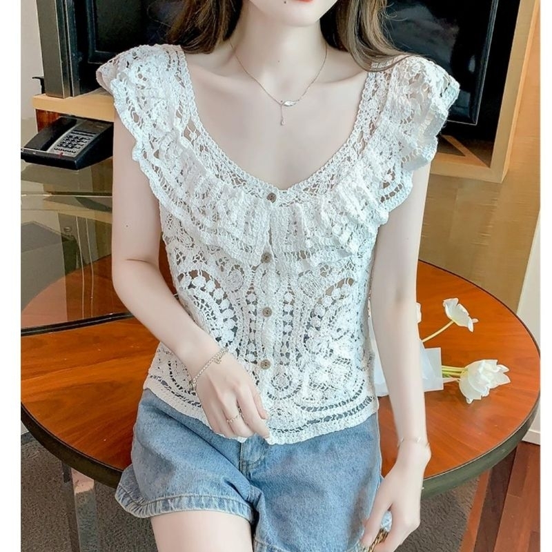 42250 Baju atasan blouse CINDERINA CROCHET TOP VNECK lengan pendek blus Bordir bunga putih krem Kore