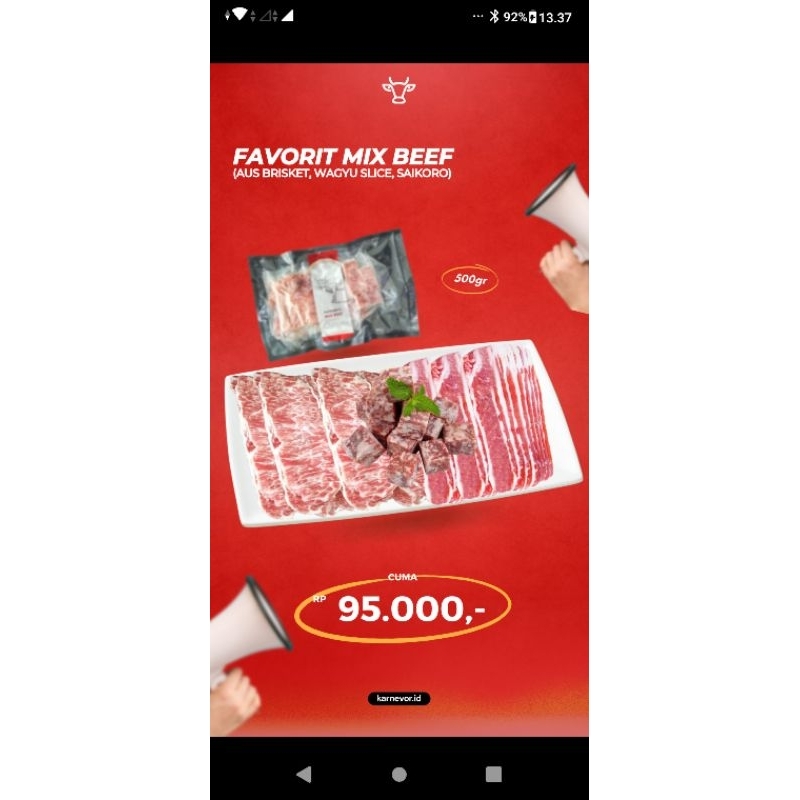 

Karnevor Favorite Mix Beef 500gr (Aus Brisket + Wagyu Slice + Saikoro) / Daging Slice 500gr