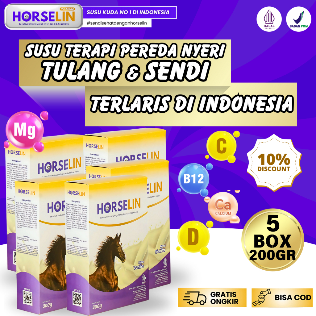 

Paket 5 BOX HORSELIN Susu Kuda Premium Asli Original Atasi Nyeri Sendi Asam Urat dan Pegal Linu