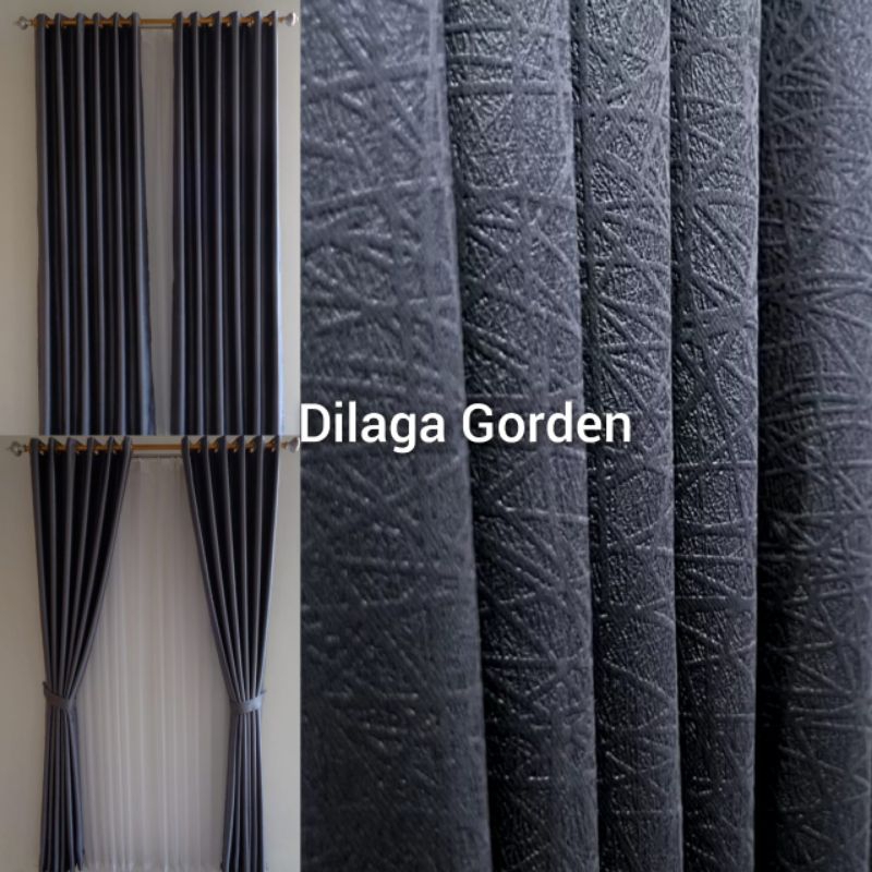 Gorden Blackout Premium Tebal Import Motif Serat Abu Tua 12 Ring