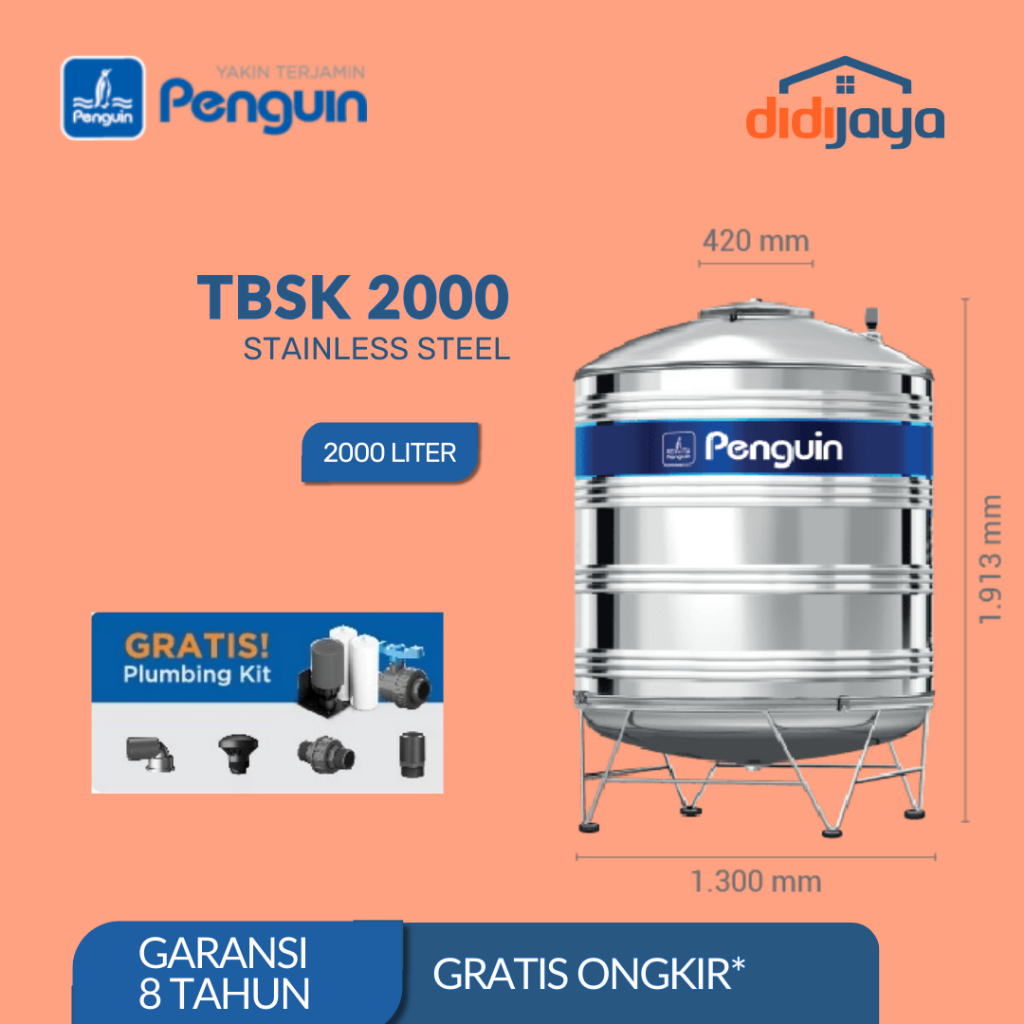 Tangki Air Stainless Steel 2000 Liter Penguin | Toren Air | Tandon Air Stainless Steel TBSK 2000