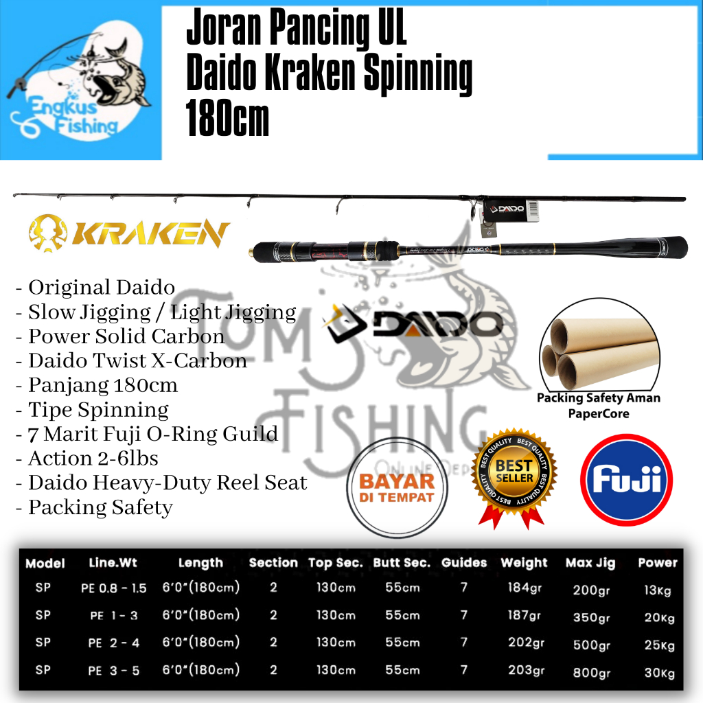 Joran Pancing DAIDO KRAKEN 180cm Spinning (PE 0.8-1.5 sd PE 3-5) OH Fuji Murah - Engkus Fishing