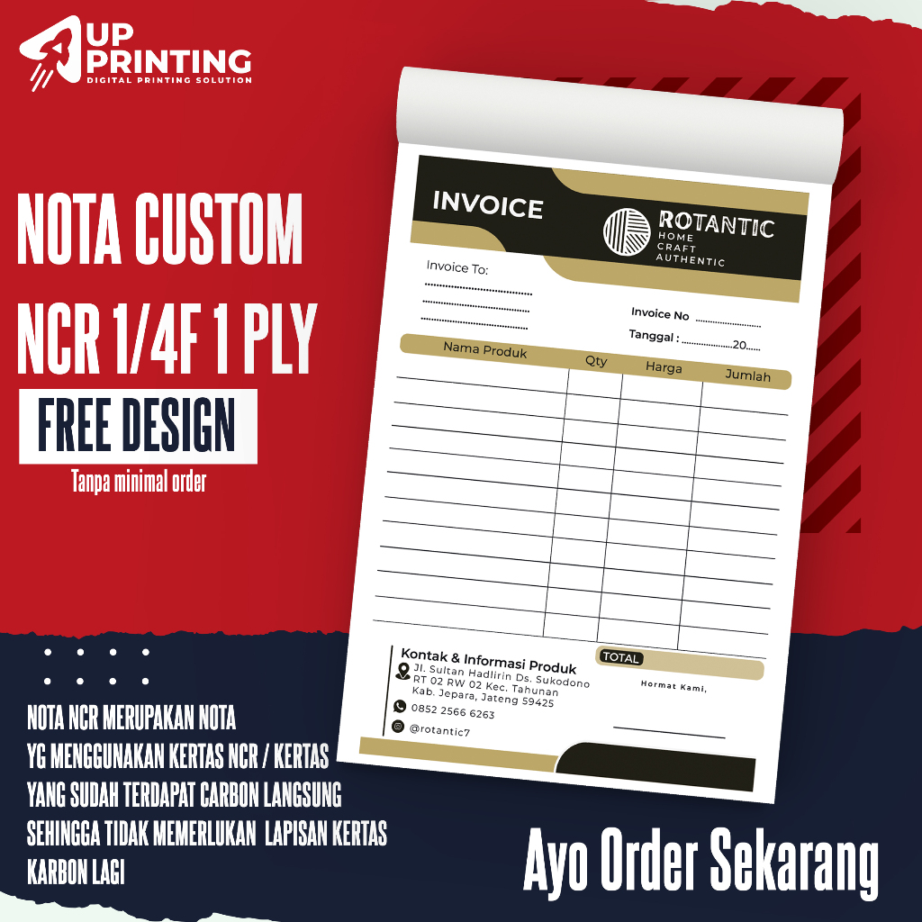 

Cetak Nota Custom ukuran 1/4 Folio 1Ply Kertas NCR isi 50 lembar Free Desain