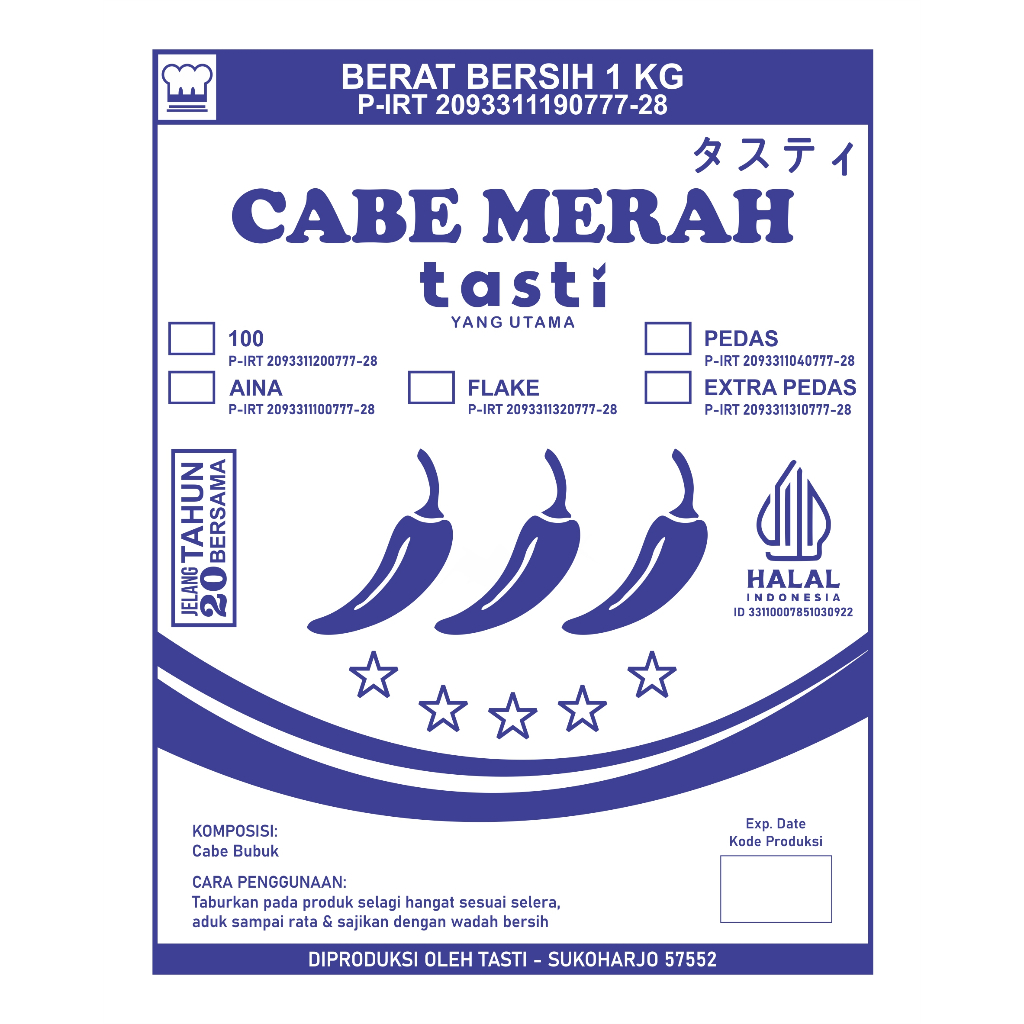 

CABE MERAH 100 / FLAKE / AINA / PEDAS / EXTRA PEDAS