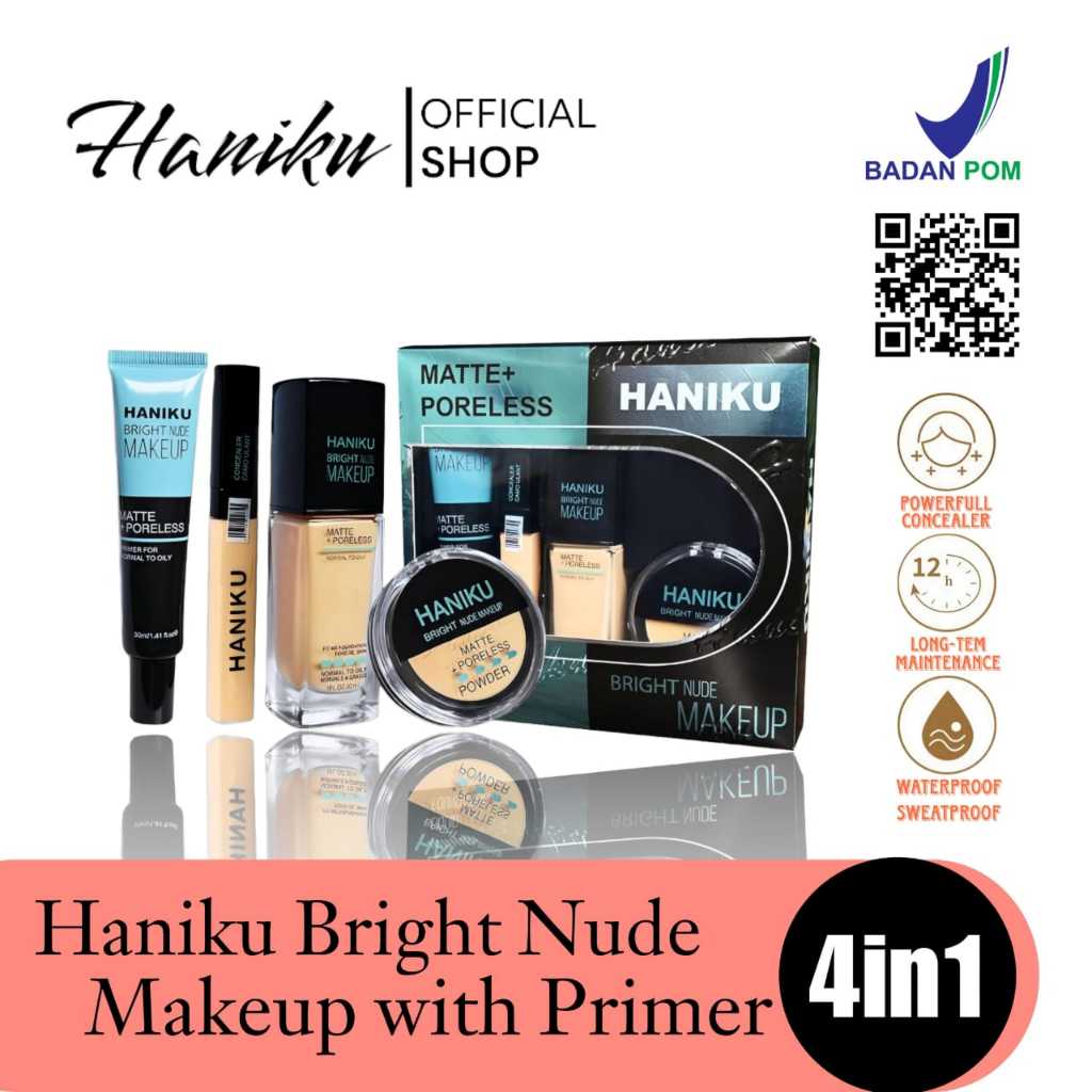 HANIKU Bright nude make up matte + poreless 4in 1 / PAKET MAKE UP SET LENGKAP 4IN1 BPOM FOUNDATION -