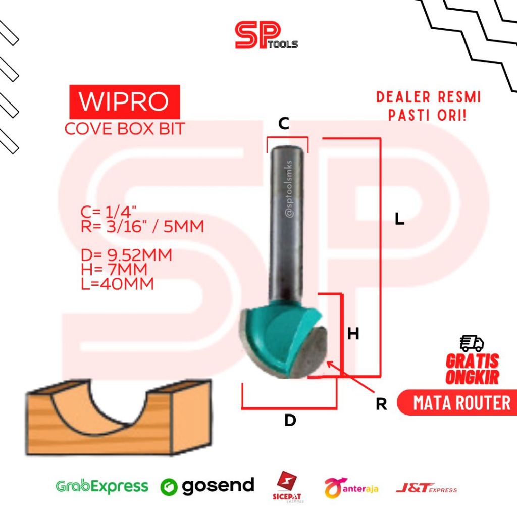MATA ROUTER ROTER PROFIL KAYU COVE BOX BIT BULAT 1/4" X 3/16" 5MM WIPRO