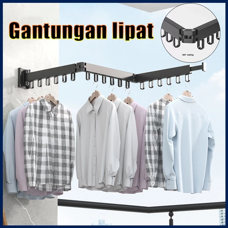 Jemuran Dinding Baju Aluminium Jemuran Lipat Gantung /Jemuran Dinding Tarik Lipat Panjang Adjustable