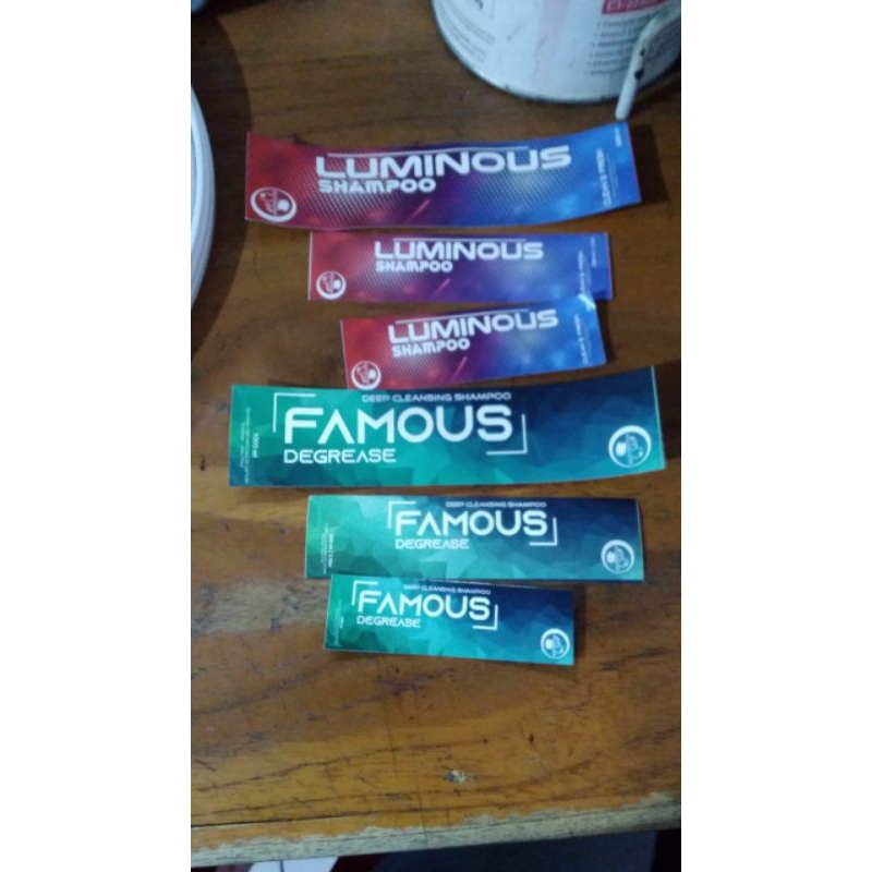 

stiker label shampo famous luminous series