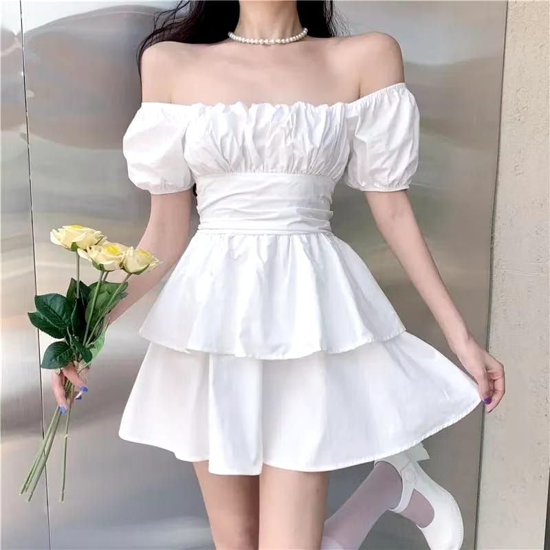 Cod Gaun Dress Rok Mewah Putih Lengan Pendek Simple Nyaman Elegan