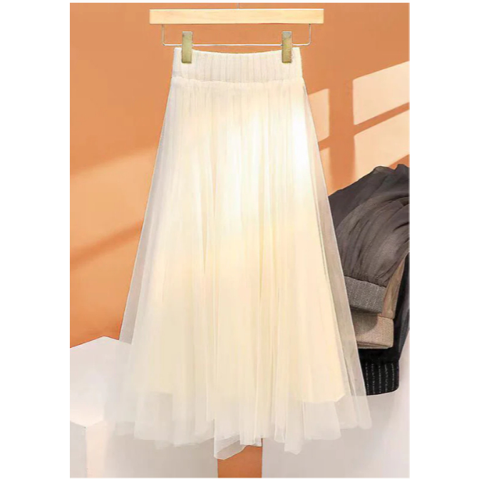 Women Khaki High Waist Wrinkled Asymmetrical Tulle Skirt Spring, Rok Mawar Hitam dengan Tutup Putih 