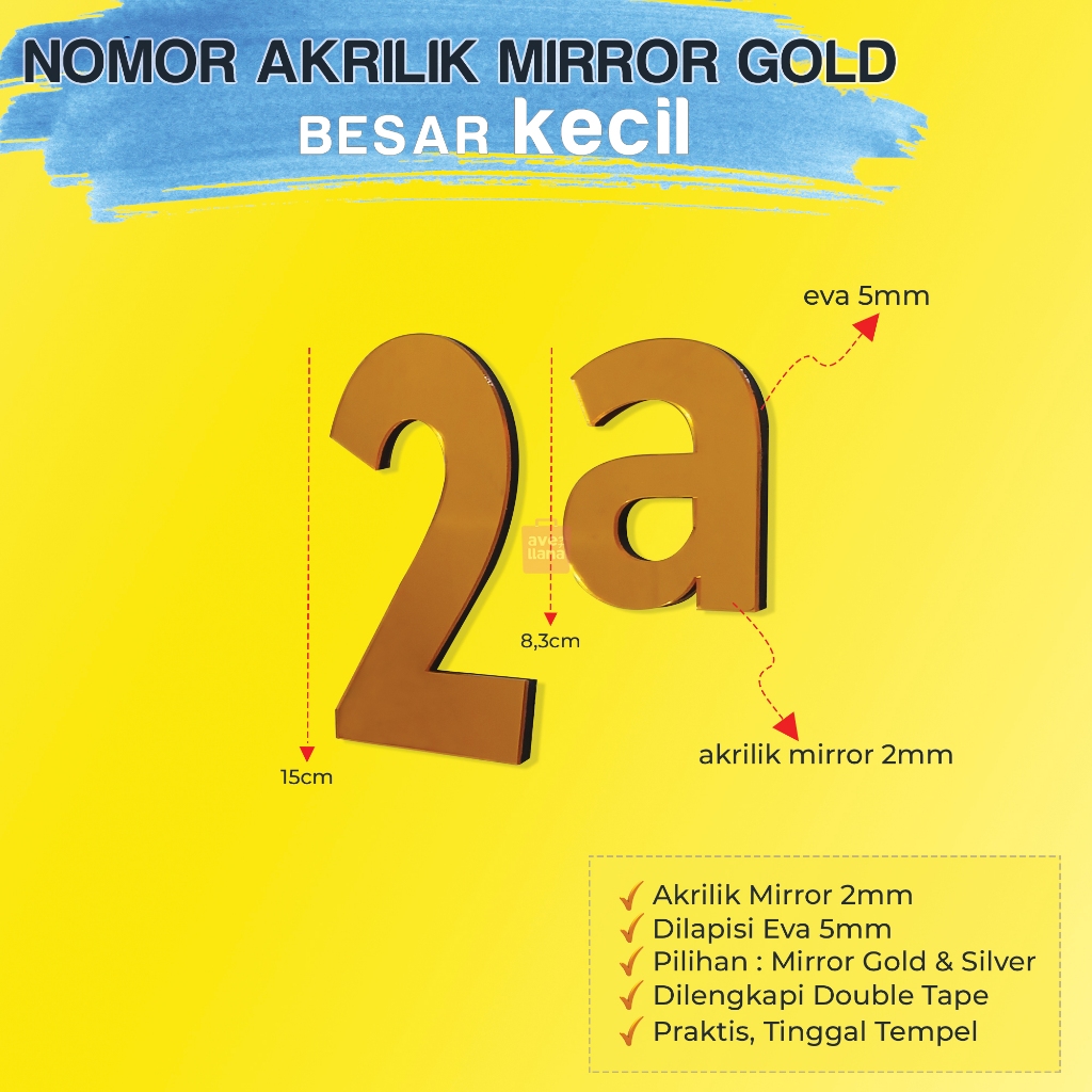 Nomor Rumah Akrilik Timbul 3D Huruf Besar Kecil Warna Gold Emas Dilengkapi Double Tape