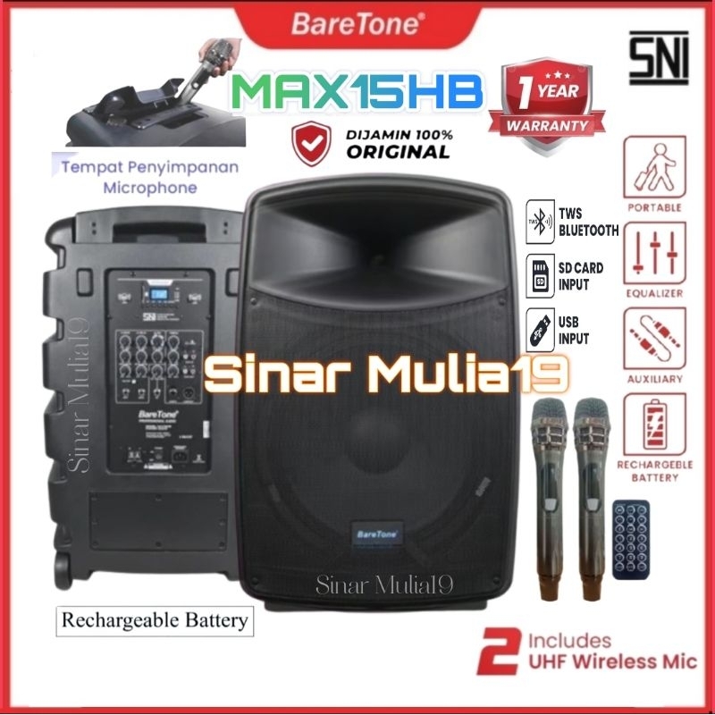 Speaker aktif portable 15 inch power rms 600 watt BareTone max15hb original support tws bluetooth [ 