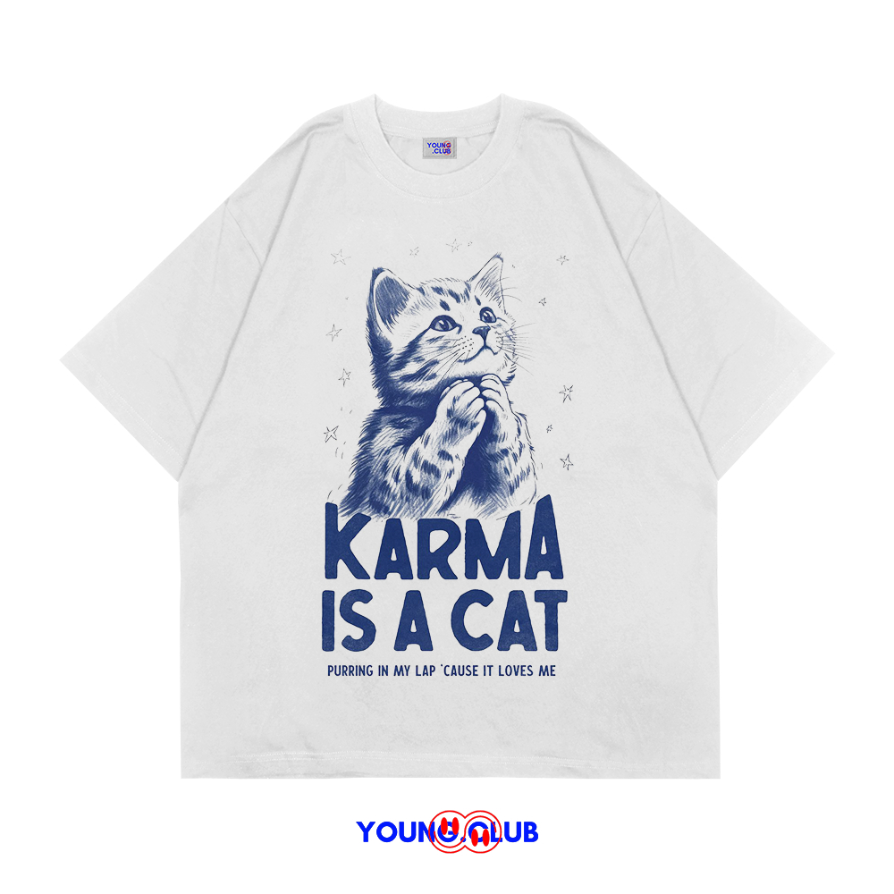 YOUNG.CLUB | KAOS BAJU KARMA IS A CAT BLUE | T-SHIRT OVERSIZE PUTIH STYLE Y2K VINTAGE BOOTLEG GRUNGE