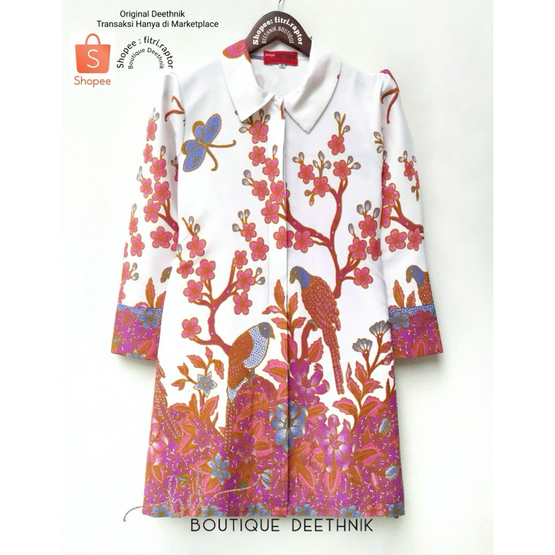 baju batik wanita batik tunik dasar putih motif bunga