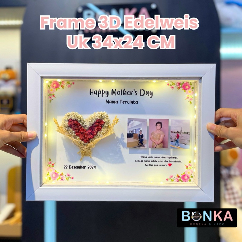 Frame 3D Edelweis Ukuran 24 x 34 cm Landscape Hadiah Anniversary Valentine Custom 1 Hari Jadi Bonka