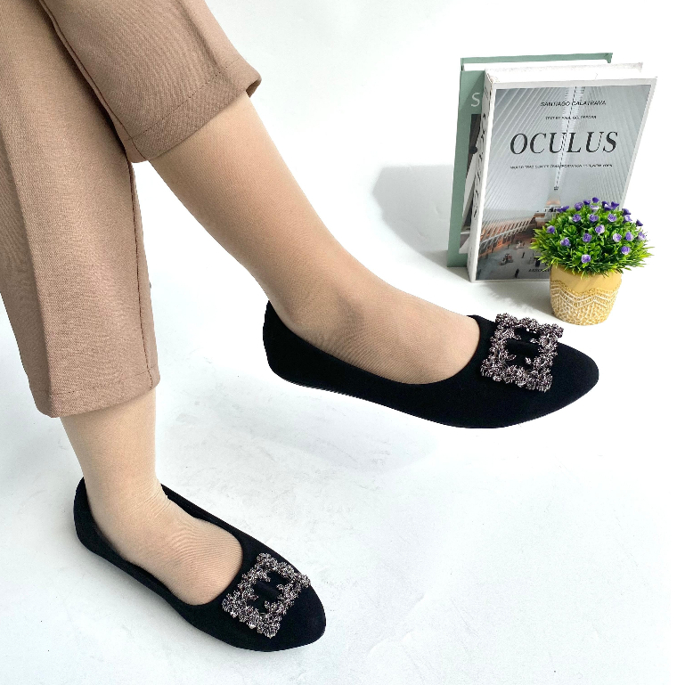 Sepatu Balet Wanita Kerja Hitam Flatshoes Cewek Sol Karet