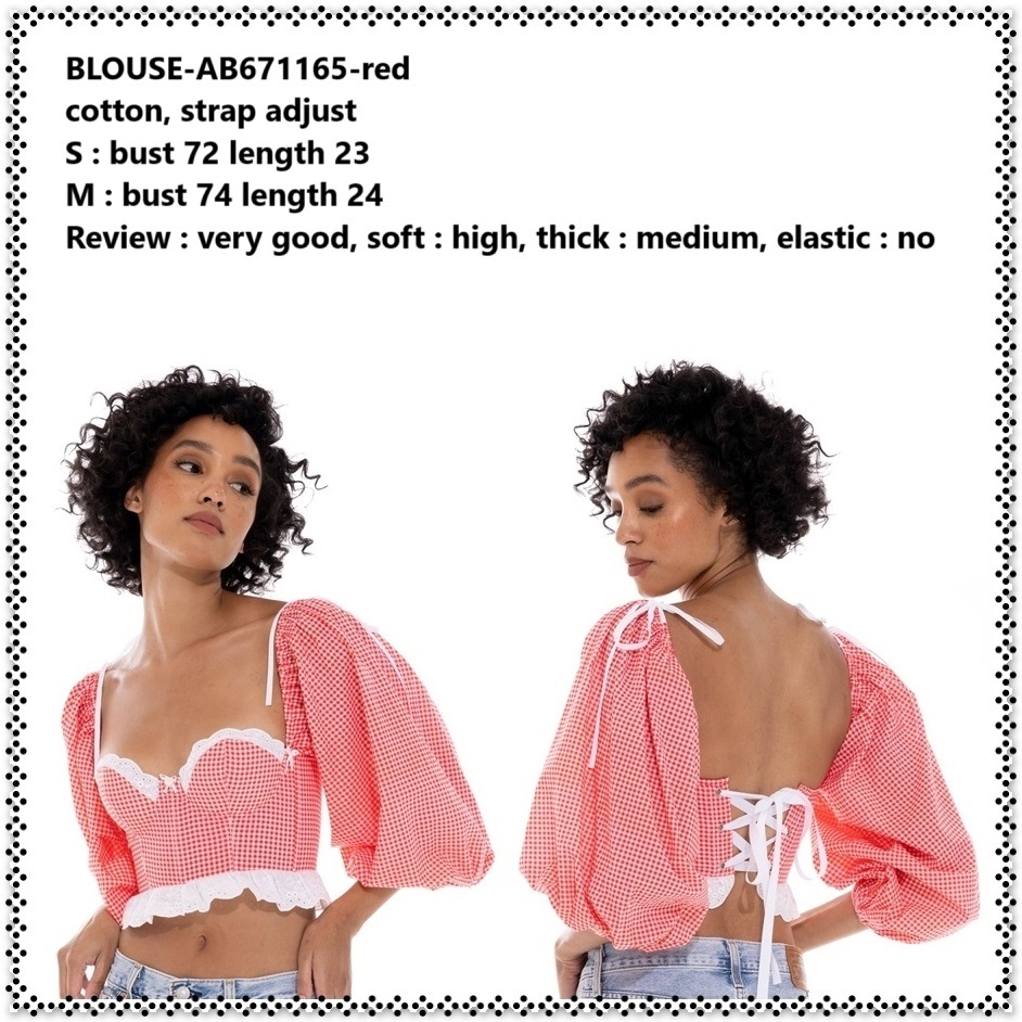 AB671165 Baju Atasan Crop Top Summer Blouse Pantai Kotak Merah Putih Lengan Panjang Wanita Korea Imp