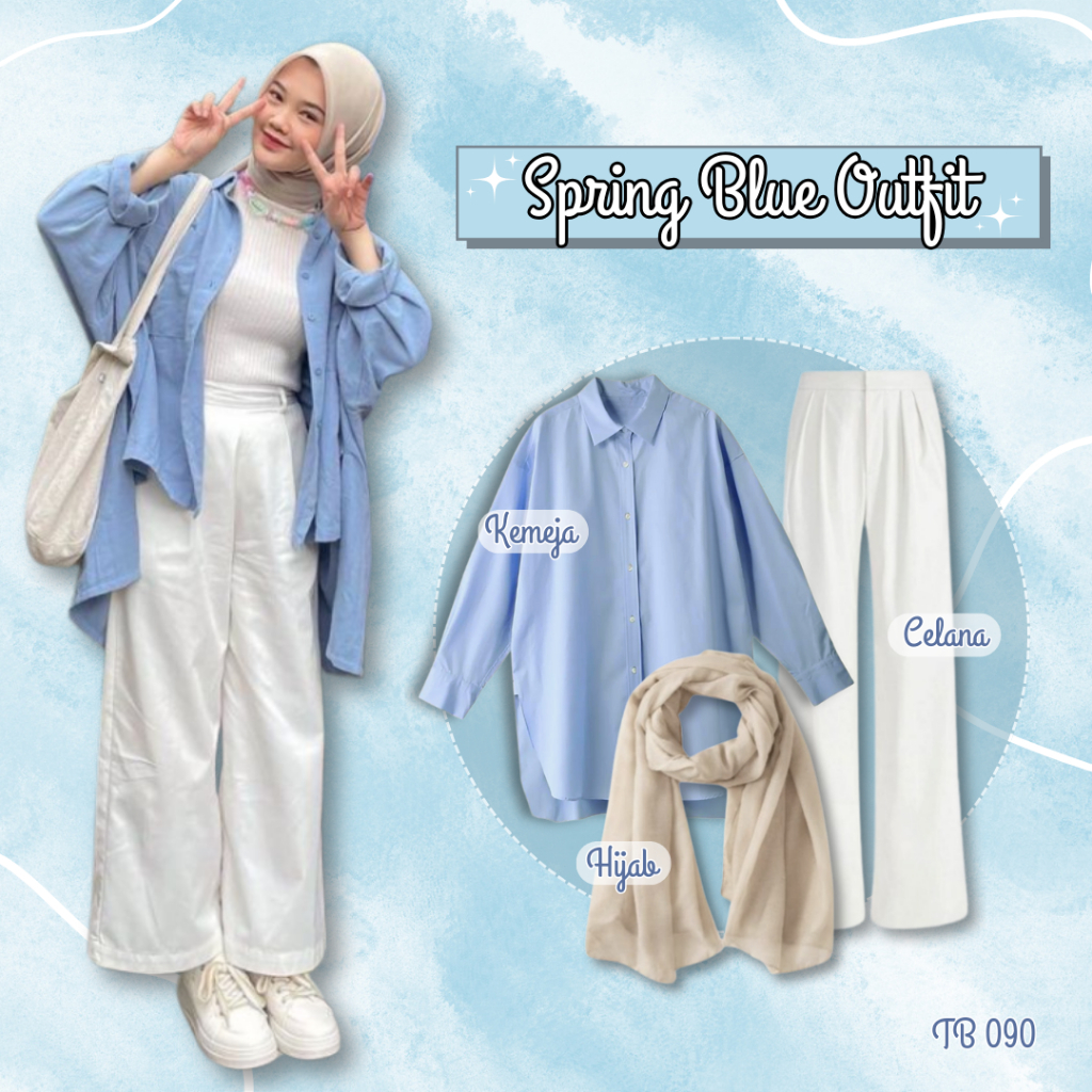 Outfitoasis-Casual 3 In 1 Oneset (Kemeja Sky Blue, Celana Jennie Knit, dan Hijab Bella Square)TB 090