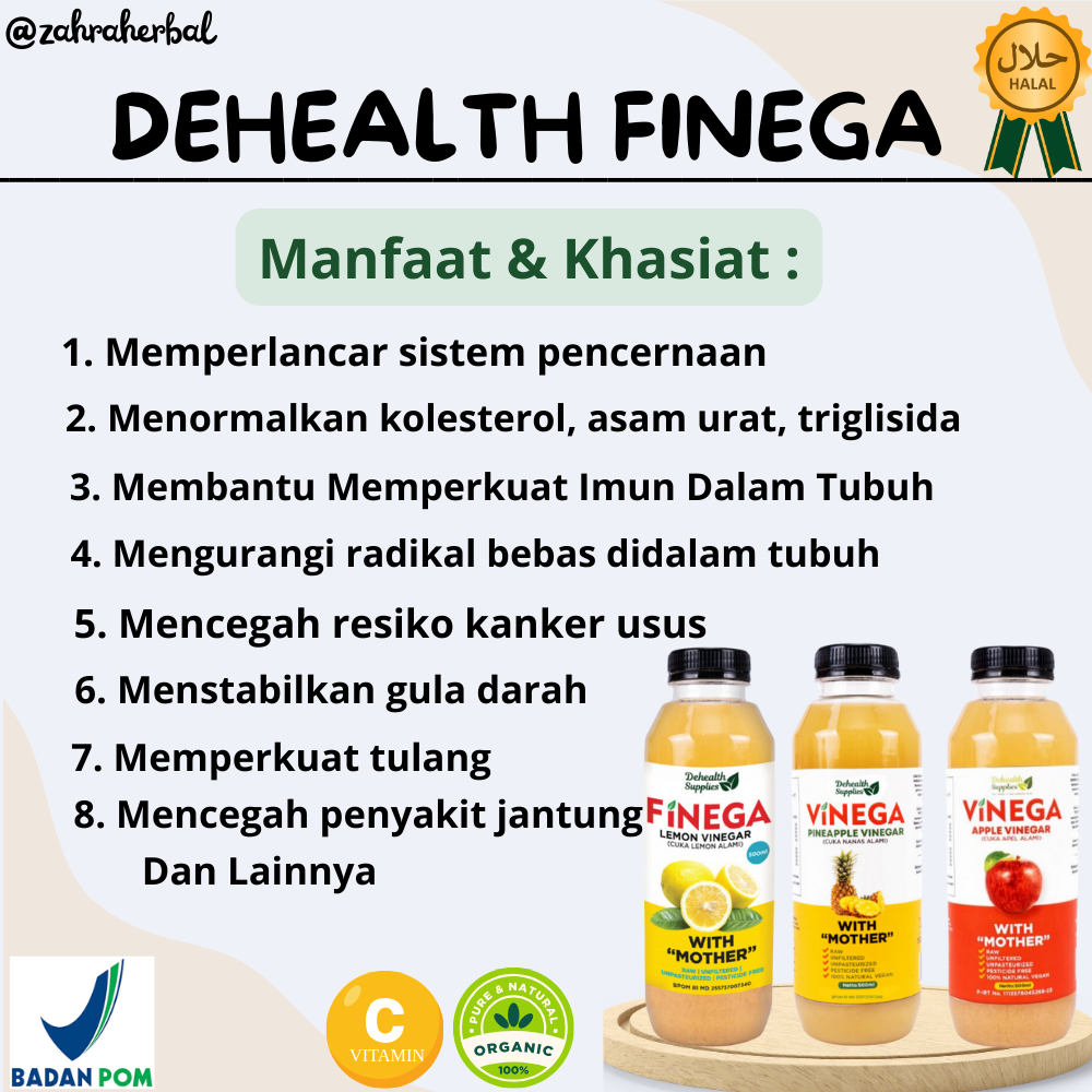 

Dehealth Finega / Vinega Cuka Sari Apel Nanas Lemon Murni Original Halal - Membantu Mencegah Penyakit Jantung, Menyembuhkan Sariawan, Memperkuat Tulang