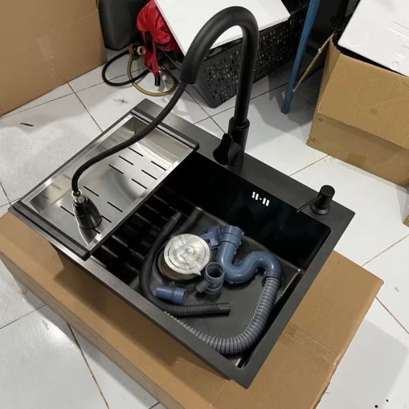 Bak Cuci Piring 6045 BLACK Full Set Wastafel Dapur Stainless Bak Cuci Piring 1 Lubang