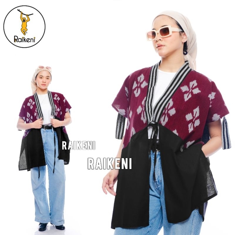 RAIKENI Kimono Ine | Kimono Jepang Tenun Batik | Outer Vest Wanita Purple | Kimono Ungu Kerja | Vest