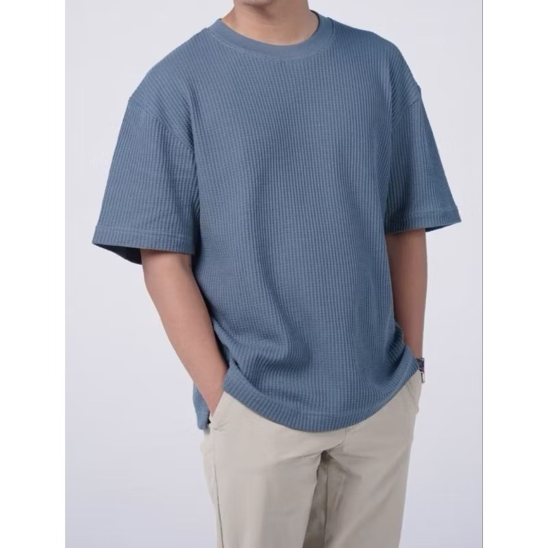 WAFER LENGAN PENDEK PRIA / BASIC CREWNECK POLOS SWEATSHIRT WAFFEL UNIQLO