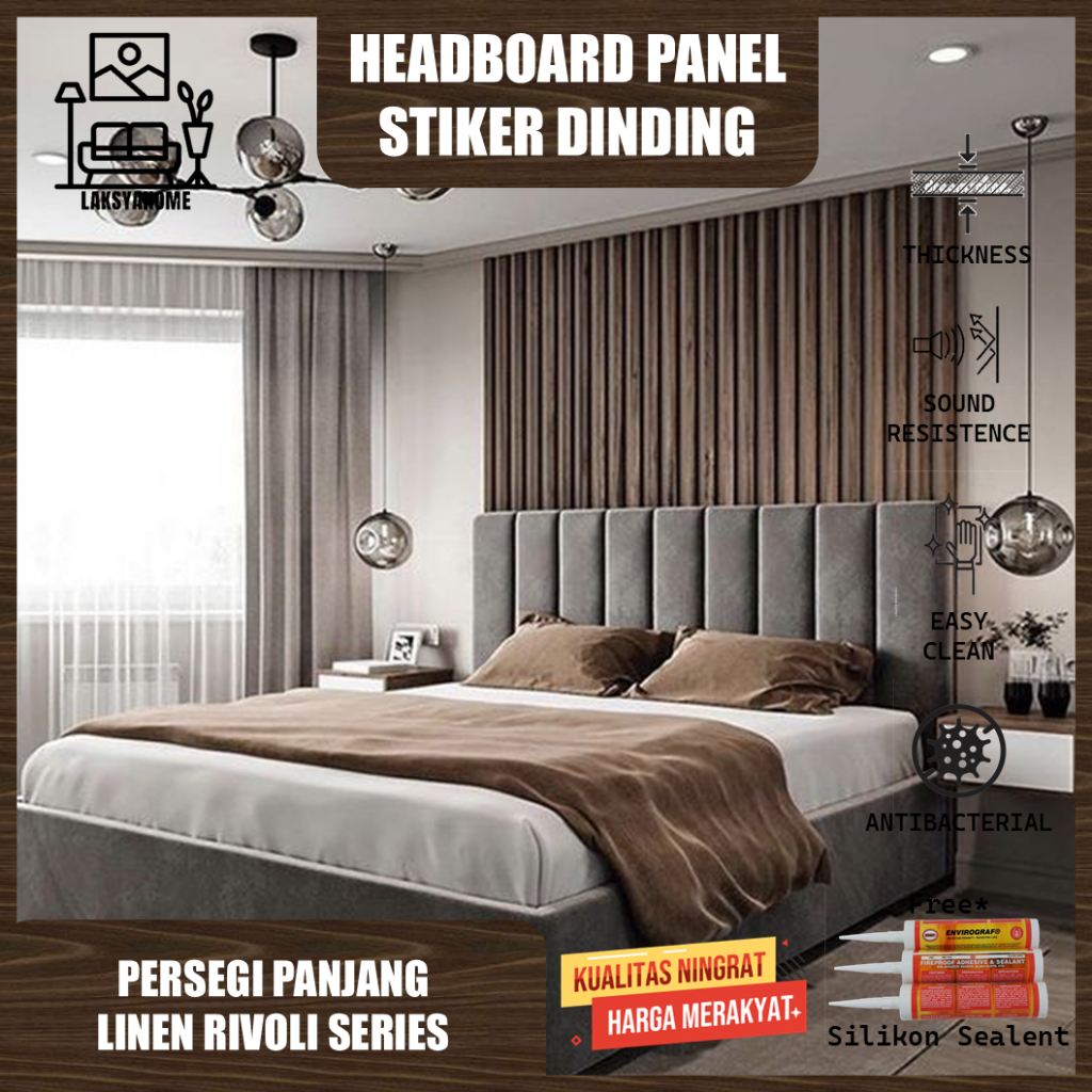 Headboard Panel Dinding 20x60 Rectangle Linen Rivoli Series Dekorasi Tempat Tidur & Wallpaper Dindin