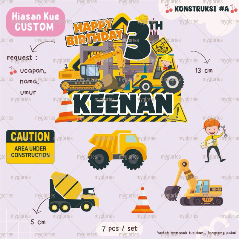 [ CUSTOM NAMA UMUR ] Topper Cake Happy Birthday KONSTRUKSI - Hiasan Kue Ulang Tahun Excavator Truk