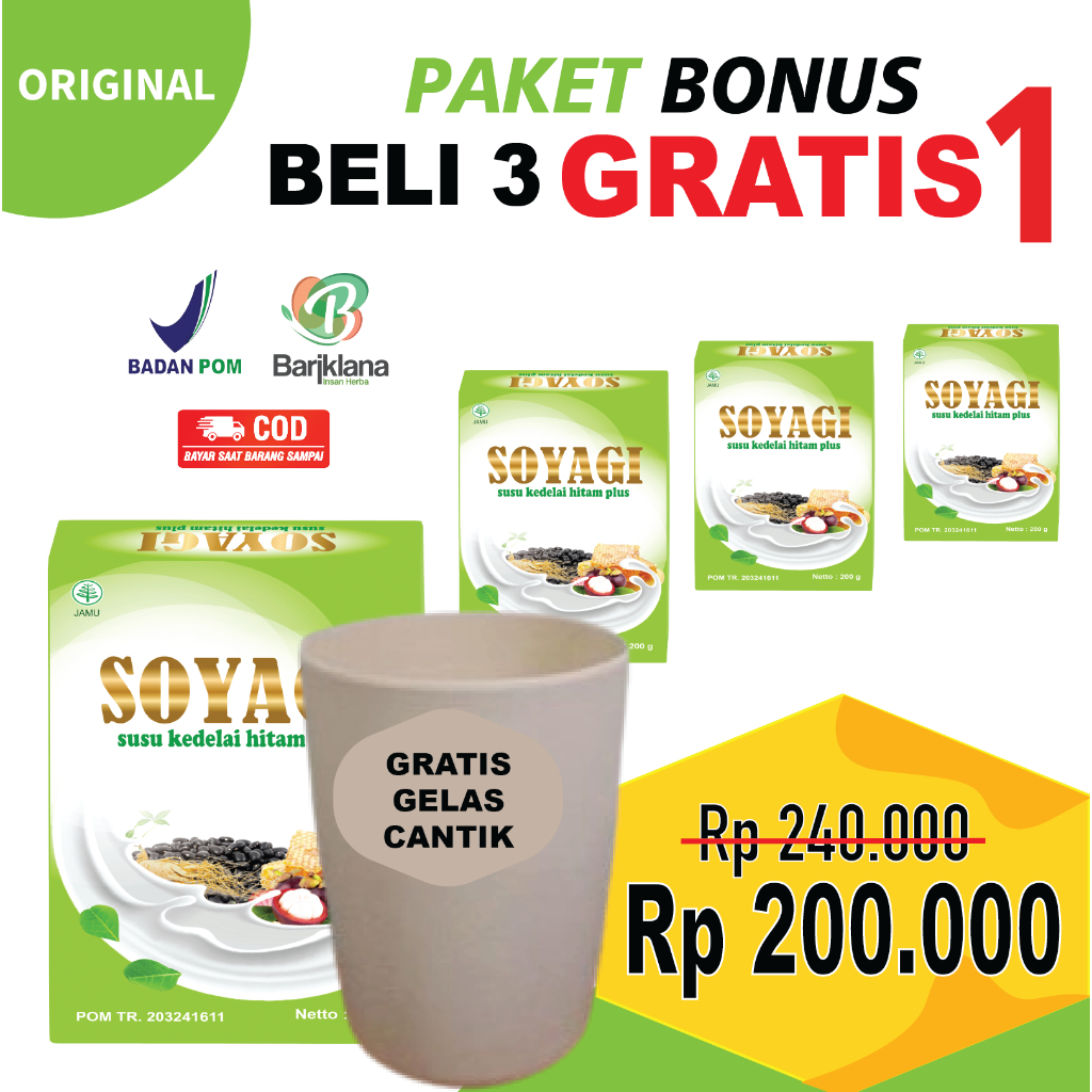 

(BELI 3 GRATIS 1 BOX) SOYAGI Susu Diet Kedelai Hitam Plus partner GOMILK 200 gr