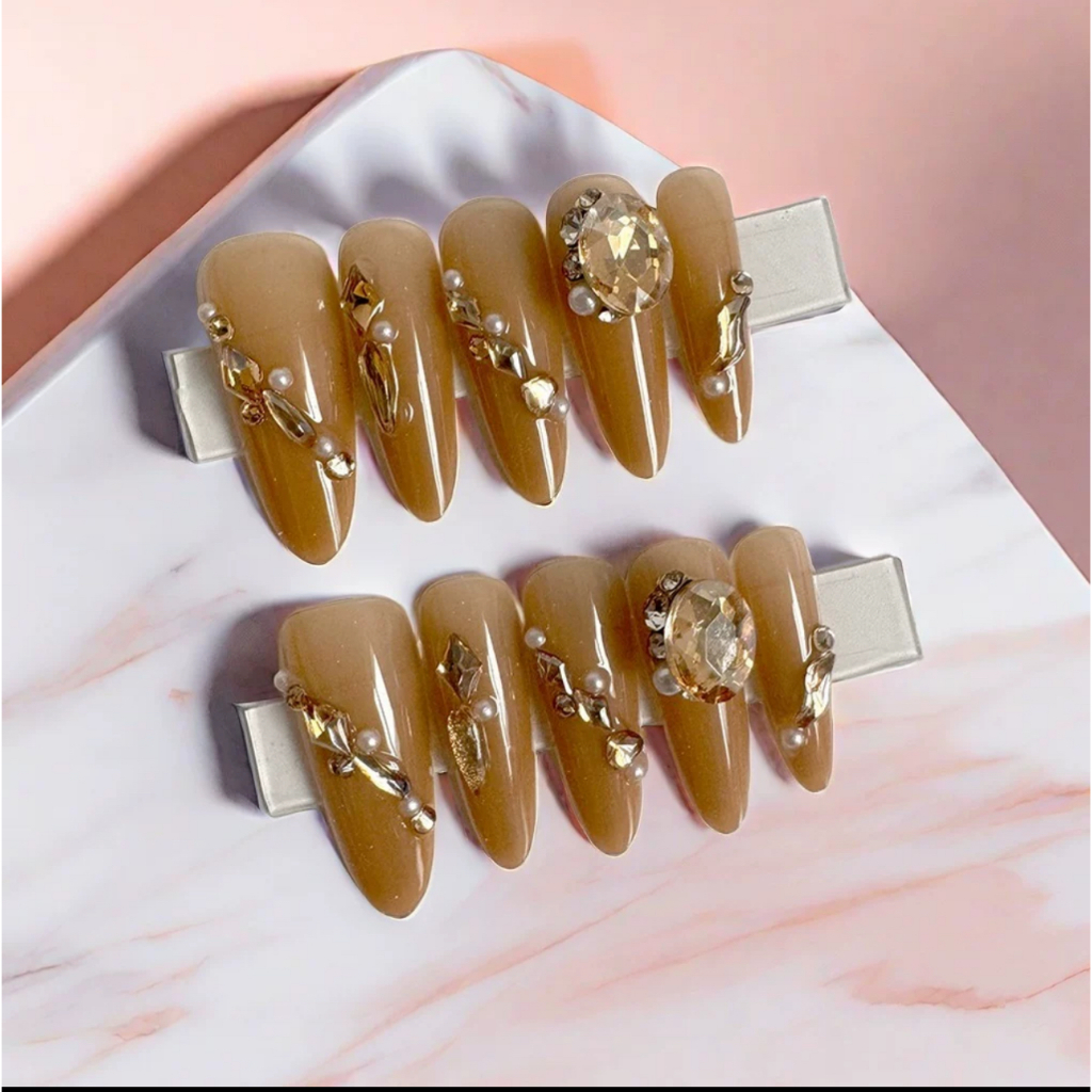 Stiletto Brown Diamond - Kuku Palsu + Lem - Korean Premium Nails PRESS ON NAILS FAKE NAILS Nail Art